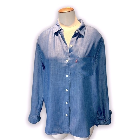 𝅺levi's Flowy 100% Lyocell Chambray Blue Boyfriend Fit Top Long Sleeve Blouse S - Picture 1 of 10